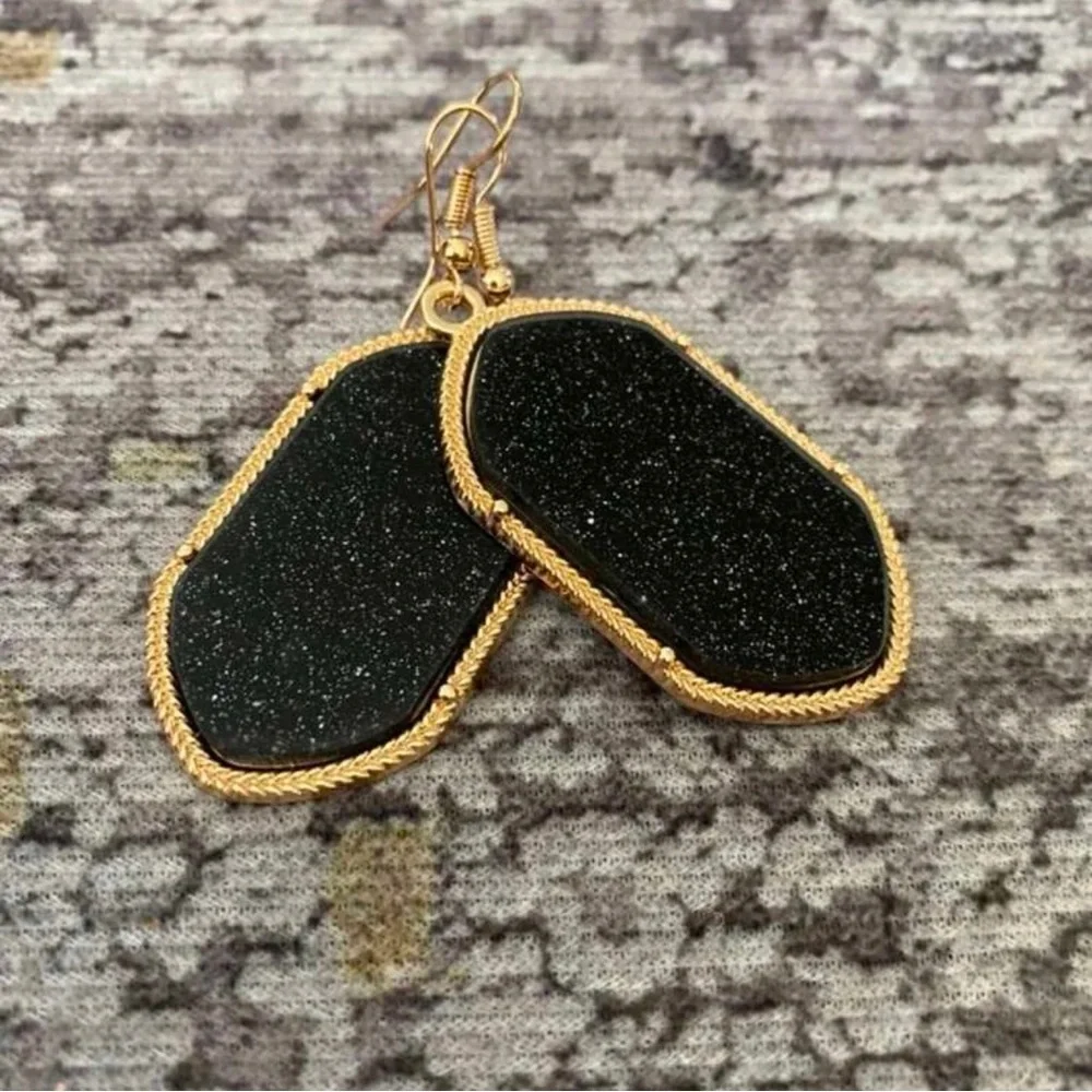 Black Shimmer Oval Drop Earrings | Gold Tone Textured Statement Earrings